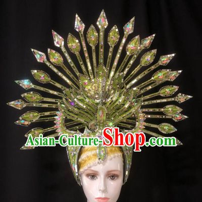Handmade Brazil Carnival Giant Hat Samba Dance Hair Accessories Stage Show Green Royal Crown Halloween Cosplay Deluxe Headwear