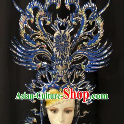 Handmade Brazil Carnival Giant Headpiece Samba Dance Blue Phoenix Royal Crown Stage Show Hair Accessories Halloween Deluxe Hat