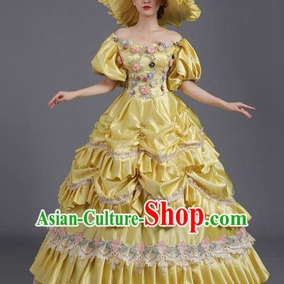 Custom Western Style Clothes Europe Vintage Garment Costume Stage Performance Fashion European Royal Princess Yellow Full Dress