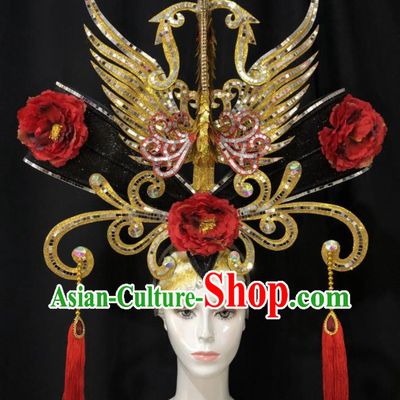Handmade Cosplay Queen Giant Phoenix Coronet Brazil Carnival Deluxe Headpiece Samba Dance Golden Royal Crown Halloween Performance Hair Accessories