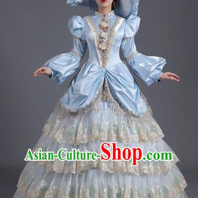 Custom Western Style Court Clothes Europe Vintage Garment Costume Stage Performance Fashion European Countess Blue Full Dress