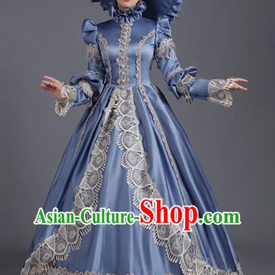 Custom European Countess Blue Full Dress Western Style Court Clothes Europe Vintage Garment Costume Stage Performance Fashion