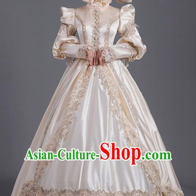 Custom European Stage Performance Fashion Countess Beige Full Dress Western Style Court Clothes Europe Vintage Garment Costume