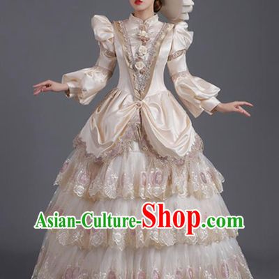 Custom Europe Vintage Full Dress Stage Performance Fashion European Noble Lady Beige Dress Western Style Court Clothing
