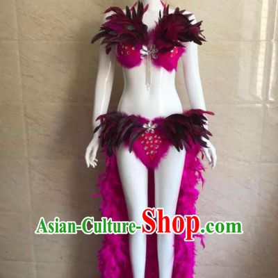 Custom Woman Catwalks Rosy Feather Swimwear Samba Dance Costumes Brazilian Carnival Uniforms Party Show Clothing