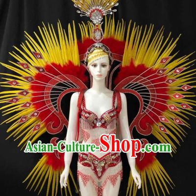Custom Samba Dance Uniforms Brazilian Carnival Costumes Professional Catwalks Clothing Woman Swimsuits and Red Feather Butterfly Wings Headdress