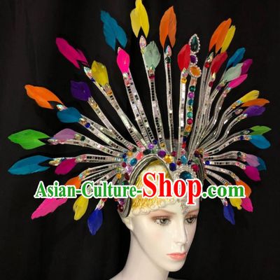 Handmade Rio Carnival Colorful Feather Headdress Stage Show Royal Crown Halloween Cosplay Headpiece Samba Dance Hair Accessories