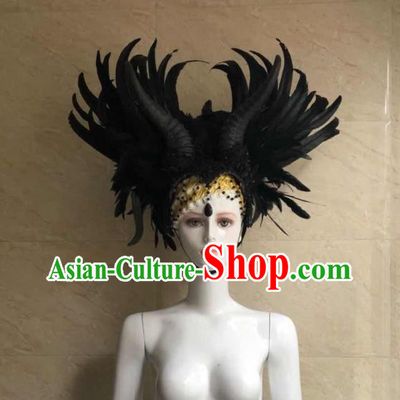 Handmade Black Angel Feathers Royal Crown Halloween Cosplay Hair Accessories Samba Dance Headpiece Rio Carnival Headdress