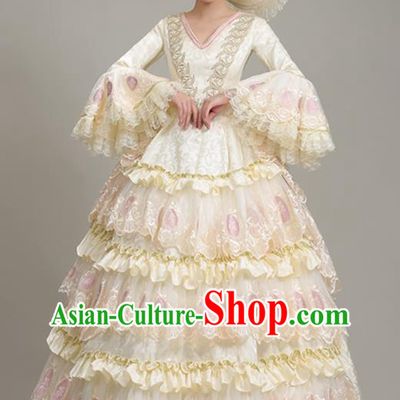 Custom Western Court Beige Lace Full Dress Europe Vintage Garment Costume Noble Woman Fashion European Stage Performance Clothing