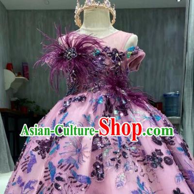 Top Catwalks Show Embroidered Sequins Clothing Girl Compere Evening Garment Children Stage Performance Purple Full Dress