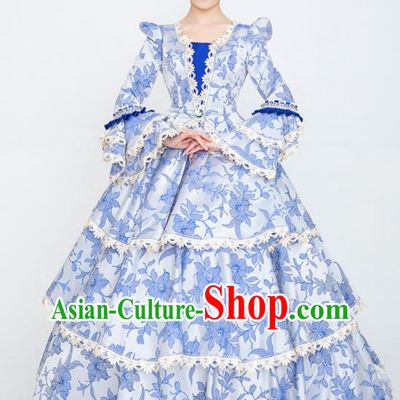 Custom European Noble Woman Printing Blue Dress Europe Drama Stage Clothing Vintage Full Dress Western Court Fashion