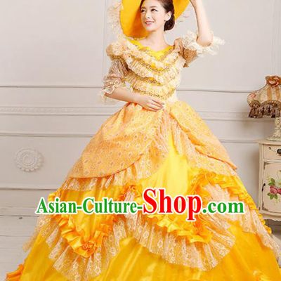 Custom Europe Court Clothing European Woman Yellow Full Dress Western Vintage Fashion Middle Age Royal Countess Dress