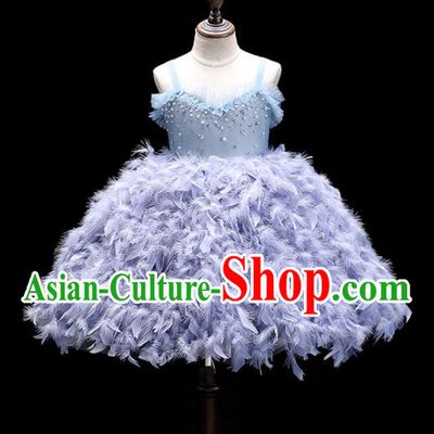 Top Girl Catwalks Show Bubble Evening Dress Christmas Princess Garment Children Stage Performance Blue Feather Formal Clothing