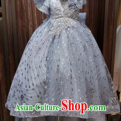 Top Children Stage Performance Formal Clothing Girl Catwalks Show Blue Evening Dress Christmas Princess Garment