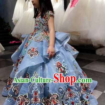 Top Girl Catwalks Show Embroidered Blue Evening Dress Christmas Baroque Princess Garment Children Stage Performance Formal Clothing