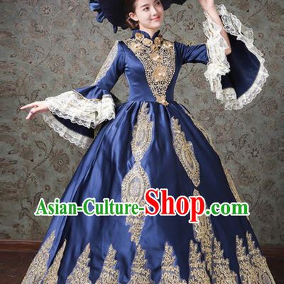 Custom European Court Woman Dress Western Vintage Fashion Europe Duchess Clothing Catwalks Deep Blue Full Dress