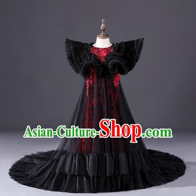 Top Christmas Gothic Princess Fashion Garment Children Stage Show Formal Clothing Girl Catwalks Black Angel Wings Evening Dress