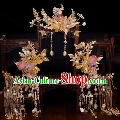 Chinese Classical Wedding Hair Accessories Ancient Bride Hair Crown and Tassel Hairpins Xiuhe Suits Headdress Handmade Headwear