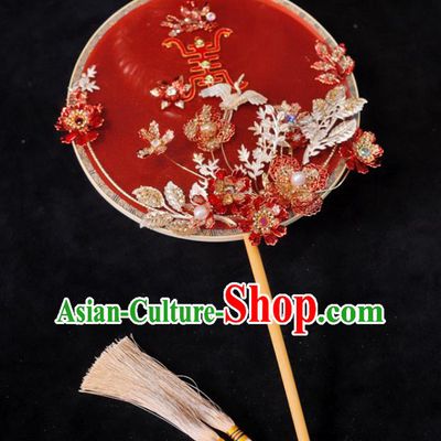 Handmade China Wedding Fan Ancient Bride Circular Fan Traditional Red Silk Fan Classical Dance Palace Fan