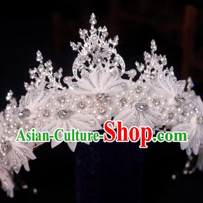 Top Grade Royal Crown Princess Hair Accessories Handmade Wedding Hair Clasp Bride White Silk Flowers Headpiece