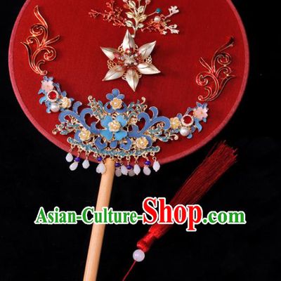 Handmade China Wedding Red Fan Ancient Bride Circular Fan Traditional Silk Fan Classical Dance Palace Fan
