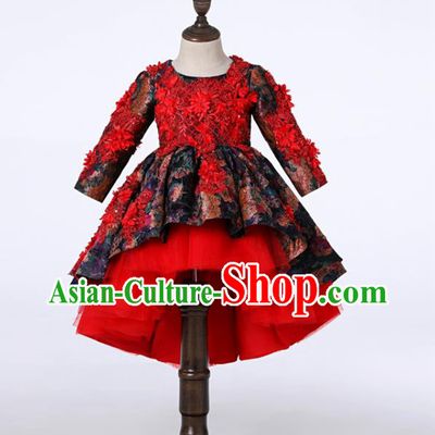 Top Girl Catwalks Red Lace Flowers Bubble Evening Dress Christmas Princess Dance Fashion Garment Children Stage Show Formal Clothing