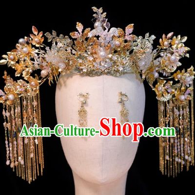 Chinese Xiuhe Suits Tassel Phoenix Coronet Handmade Wedding Headdress Ancient Bride Hair Crown Classical Hair Accessories