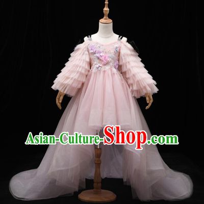 Top Children Stage Show Formal Clothing Girl Catwalks Pink Veil Trailing Evening Dress Christmas Princess Dance Fashion Garment