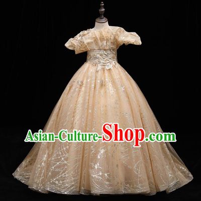 Top Catwalks Golden Trailing Evening Dress Girl Princess Fashion Garment Children Stage Show Formal Clothing