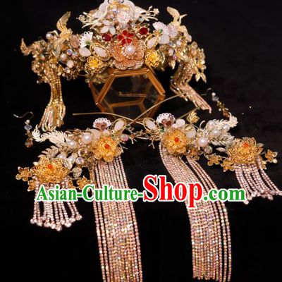 Chinese Ancient Bride Hair Crown and Tassel Hairpins Xiuhe Suits Headdress Handmade Phoenix Coronet Classical Wedding Hair Accessories