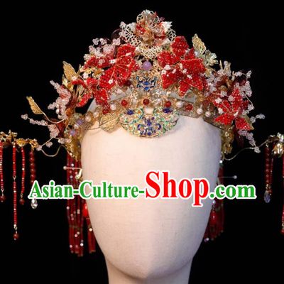 Chinese Ancient Bride Red Tassel Hair Crown and Hairpins Classical Phoenix Coronet XiuHe Headdress Handmade Wedding Hair Accessories