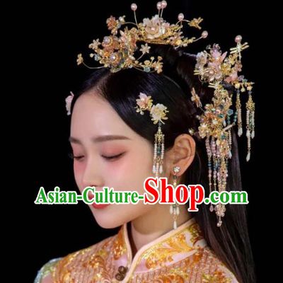 Chinese XiuHe Pearls Headpieces Handmade Wedding Hair Accessories Ancient Bride Hair Crown Classical Tassel Hairpins