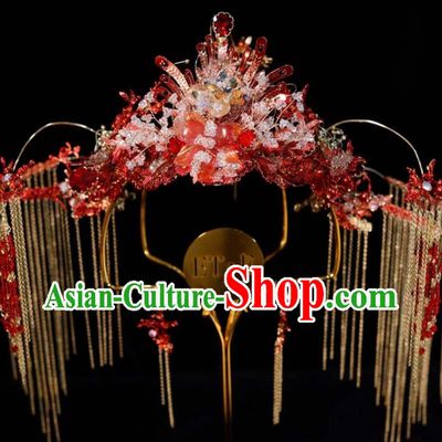 Chinese Ancient Bride Red Hair Crown Wedding Tassel Phoenix Coronet Classical Headpieces Handmade Hair Accessories