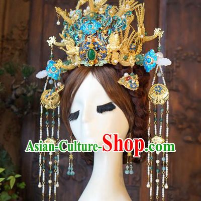 Chinese Hanfu Headdress Handmade Wedding Hair Accessories Ancient Bride Golden Phoenix Coronet Classical Ming Dynasty Jade Hairpins