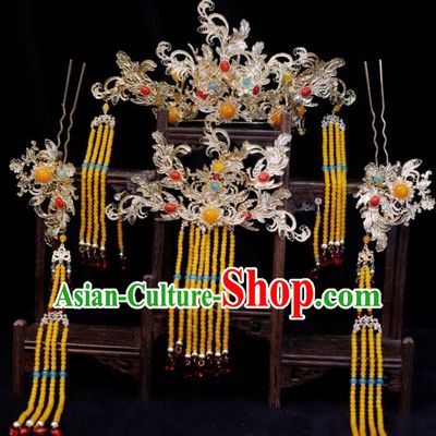 Chinese Ancient Bride Phoenix Coronet Classical Yellow Tassel Hairpins Hanfu Headdress Handmade Wedding Hair Accessories