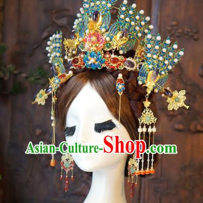 Chinese Wedding Hair Accessories Ancient Bride Enamel Phoenix Coronet Classical Amethyst Hairpins Handmade Qing Dynasty Queen Headdress
