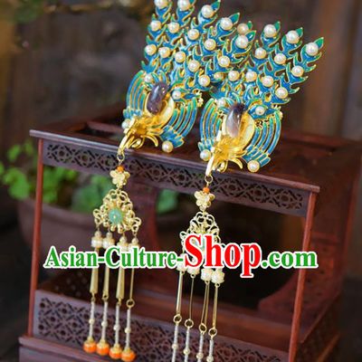 Chinese Classical Amethyst Hair Stick Handmade Qing Dynasty Queen Headpiece Wedding Hair Accessories Ancient Bride Enamel Phoenix Hairpin