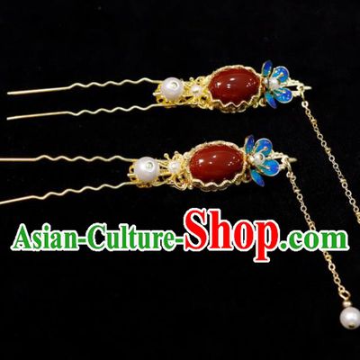 Chinese Wedding Hair Accessories Ancient Bride Agate Hairpin Classical Tassel Hair Stick Handmade Qing Dynasty Queen Headpiece