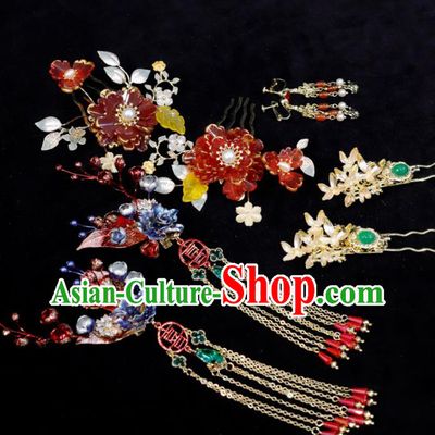 Chinese Handmade Wedding Headpieces Xiuhe Suits Hair Accessories Ancient Bride Tassel Hairpin Classical Red Peony Hair Combs