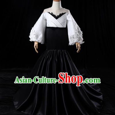 Top Catwalks Compere Black Trailing Evening Dress Girl Performance Fashion Garment Children Stage Show Formal Clothing