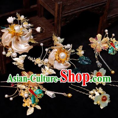 Chinese Ancient Bride Shell Hairpins Classical Cloisonne Hair Sticks Handmade Wedding Headpieces Xiuhe Suits Hair Accessories