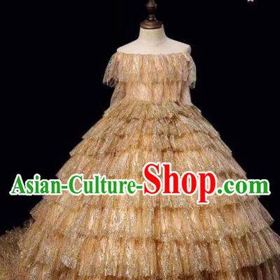 Top Girl Princess Off Shoulder Fashion Garment Children Stage Show Formal Clothing Catwalks Golden Trailing Evening Dress