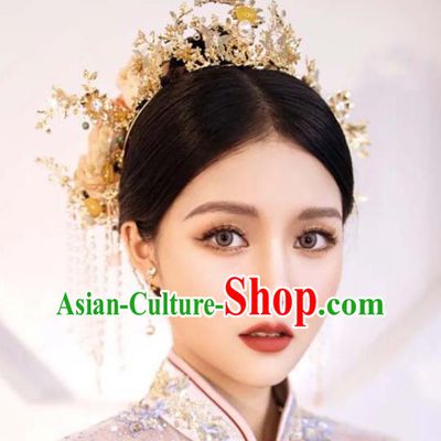 Chinese Ancient Bride Golden Hair Crown Classical Tassel Hairpins Handmade Wedding Headdress Traditional XiuHe Hair Accessories