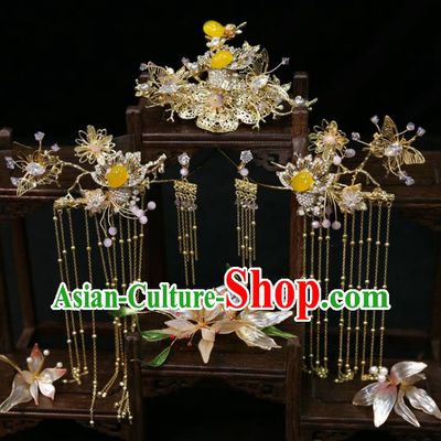 Chinese Handmade Wedding Headdress Traditional XiuHe Hair Accessories Ancient Bride Golden Hair Comb Classical Tassel Hairpins