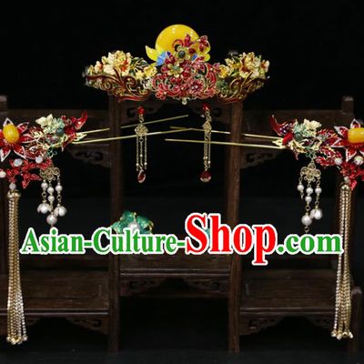 Chinese Classical Tassel Hairpins Handmade Wedding Headdress Traditional XiuHe Hair Accessories Ancient Bride Cloisonne Red Hair Crown Full Set