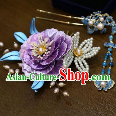China Ancient Bride Purple Silk Peony Hair Stick Handmade Ming Dynasty Wedding Hair Accessories Traditional Hanfu Cloisonne Tassel Hairpin