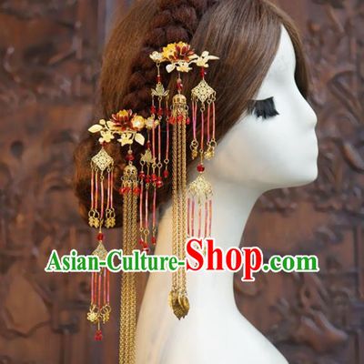 Chinese Ancient Bride Golden Lotus Hairpin Classical Hair Clasp Handmade Wedding Headdress Traditional XiuHe Hair Accessories