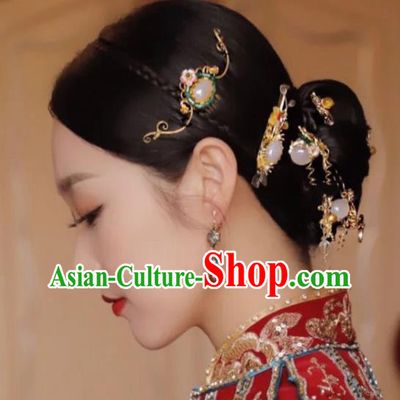 Chinese Handmade Wedding Headpieces Traditional XiuHe Hair Accessories Ancient Bride Jade Hairpins Classical Hair Combs Complete Set