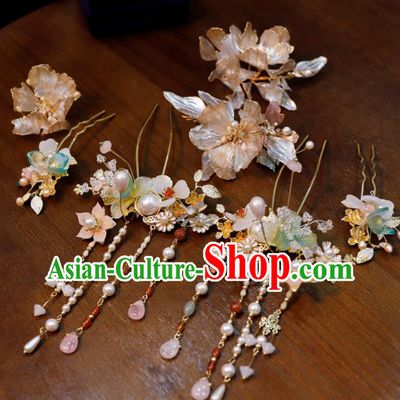 Chinese Classical Flowers Hair Comb Handmade Wedding Headpieces Traditional XiuHe Hair Accessories Ancient Bride Pearls Tassel Hairpins Complete Set