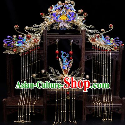 Chinese Ancient Bride Cloisonne Hair Crown Classical Tassel Hairpins Handmade Wedding Headpieces Ming Dynasty Hair Accessories